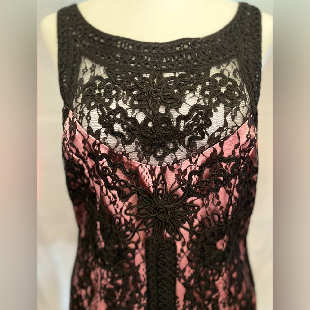 1920’s Style, Stunning Black with Pink Lining French Ribbon Appliqué, Faux Dress